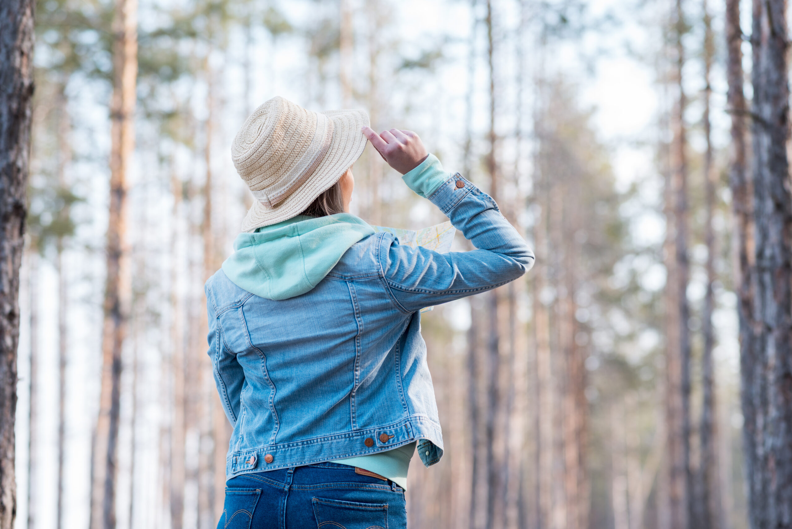 rear-view-woman-wearing-hat-head-looking-trees-forest